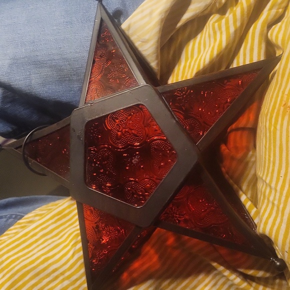Vintage Ruby Red Stained Glass Hanging 5-POINT STAR Light Candle Holder - Picture 2 of 2